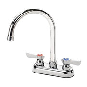 Chrome deck mount faucet with dual lever handles and tall curved gooseneck spout.