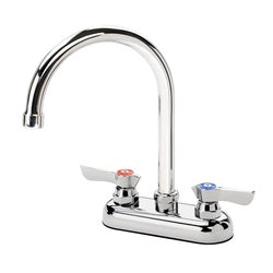 Chrome deck mount faucet with dual lever handles and tall curved gooseneck spout.