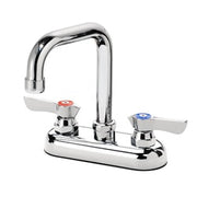 Chrome deck mount faucet with tall curved spout and two lever handles.
