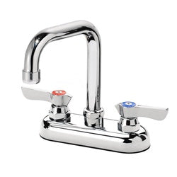 Chrome deck mount faucet with tall curved spout and two lever handles.