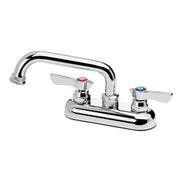 Chrome laundry faucet with 4-inch center mount, 6-inch spout, and hose adapter attached.