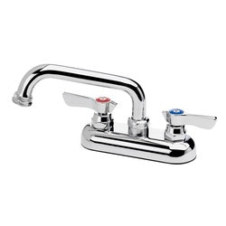 Chrome laundry faucet with 4-inch center mount, 6-inch spout, and hose adapter attached.