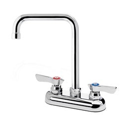 Chrome deck mount faucet with dual lever handles and tall curved spout on white background.