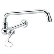 Chrome wall-mounted wok faucet with extended spout and single lever handle.