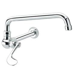 Chrome wall-mounted wok faucet with extended spout and single lever handle.