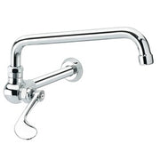 Chrome wok range faucet with extended 12-inch spout and wall-mounted lever handle.