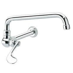 Chrome wok range faucet with extended 12-inch spout and wall-mounted lever handle.