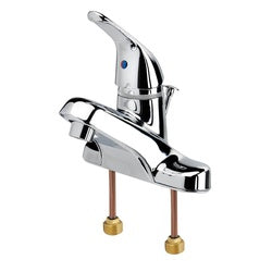 Chrome single lever faucet with curved spout and pop-up drain assembly shown from front angle.