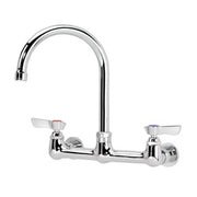 Silver wall-mount faucet with high curved gooseneck spout and dual lever handles.