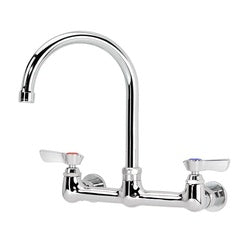 Silver wall-mount faucet with high curved gooseneck spout and dual lever handles.
