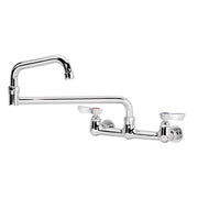 Chrome wall-mount faucet with 8-inch center and 18-inch jointed spout, two handles visible.