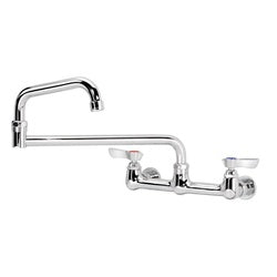 Chrome wall-mount faucet with 8-inch center and 18-inch jointed spout, two handles visible.