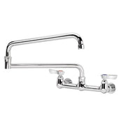 Chrome wall-mount faucet with dual handles and curved jointed spout, shown from front angle view.