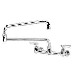 Chrome wall-mount faucet with dual handles and curved jointed spout, shown from front angle view.