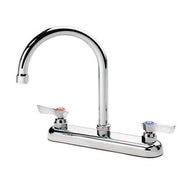 Chrome deck mount faucet with curved gooseneck spout and dual lever handles.