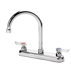 Chrome deck mount faucet with curved gooseneck spout and dual lever handles.