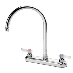 Chrome deck mount faucet with curved gooseneck spout and dual lever handles.