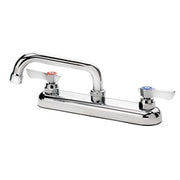 Chrome deck mount faucet with dual handles and curved spout on rectangular base plate.