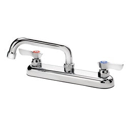 Chrome deck mount faucet with dual handles and curved spout on rectangular base plate.