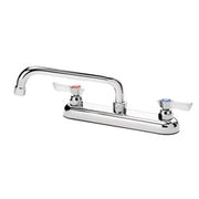 Chrome deck mount faucet with 8-inch spout and dual handles on white background.