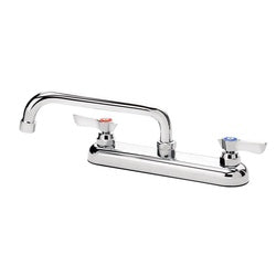 Chrome deck mount faucet with 8-inch spout and dual handles on white background.