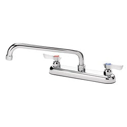 Chrome deck mount faucet with two handles and a 10-inch curved spout.