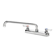 Silver deck mount faucet with two handles and 12-inch curved spout.