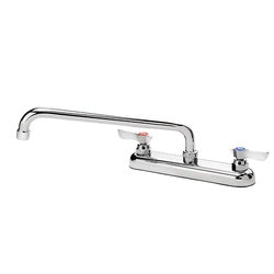 Silver deck mount faucet with two handles and 12-inch curved spout.
