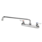 Chrome deck mount faucet with 14-inch curved spout and two control handles.