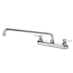 Chrome deck mount faucet with 14-inch curved spout and two control handles.