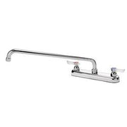 Silver deck-mount faucet with 16-inch spout and dual handles for kitchen or prep table.