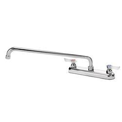 Silver deck-mount faucet with 16-inch spout and dual handles for kitchen or prep table.