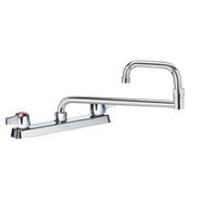 Chrome deck mount faucet with 8-inch center spacing and 18-inch jointed swing spout.