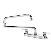 Chrome deck mount faucet with 8-inch center spacing and extended jointed spout.
