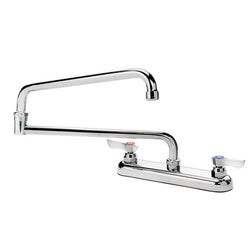Chrome deck mount faucet with 8-inch center spacing and extended jointed spout.