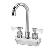 Chrome wall-mount faucet with curved gooseneck spout and dual lever handles on white base.