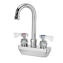 Chrome wall-mount faucet with curved gooseneck spout and dual lever handles on white base.
