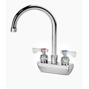 Chrome wall-mount faucet with curved gooseneck spout and dual wristblade handles on white base.