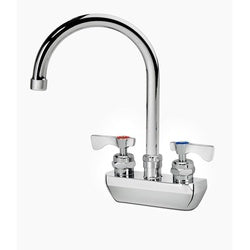 Chrome wall-mount faucet with curved gooseneck spout and dual wristblade handles on white base.