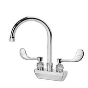Chrome wall-mount faucet with curved gooseneck spout and two lever handles.