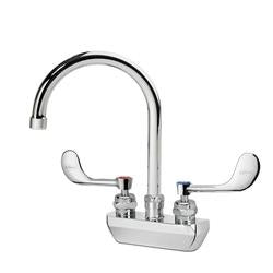 Chrome wall-mount faucet with curved gooseneck spout and two lever handles.