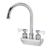 Chrome wall-mount faucet with 6-inch gooseneck spout and dual handles on white base.