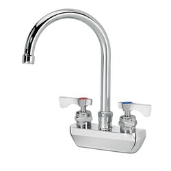 Chrome wall-mount faucet with 6-inch gooseneck spout and dual handles on white base.