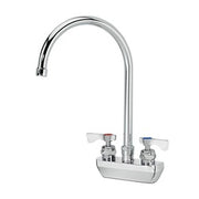 Chrome wall-mount faucet with curved gooseneck spout and two lever handles.