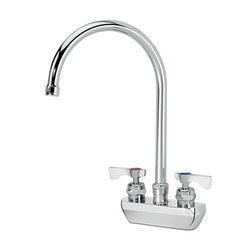 Chrome wall-mount faucet with curved gooseneck spout and two lever handles.