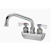 Chrome wall-mount faucet with dual lever handles and curved swing spout over basin.
