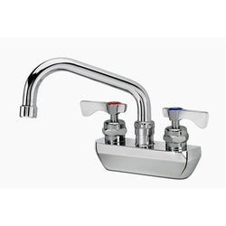 Chrome wall-mount faucet with dual lever handles and curved swing spout over basin.