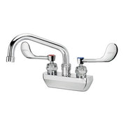 Chrome wall-mount faucet with curved swing spout and two wristblade handles on white basin.
