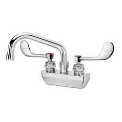 Chrome wall-mount faucet with curved swing spout and two wristblade handles on white basin.