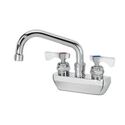 Chrome wall-mount faucet with curved spout and two handle knobs mounted on white base.